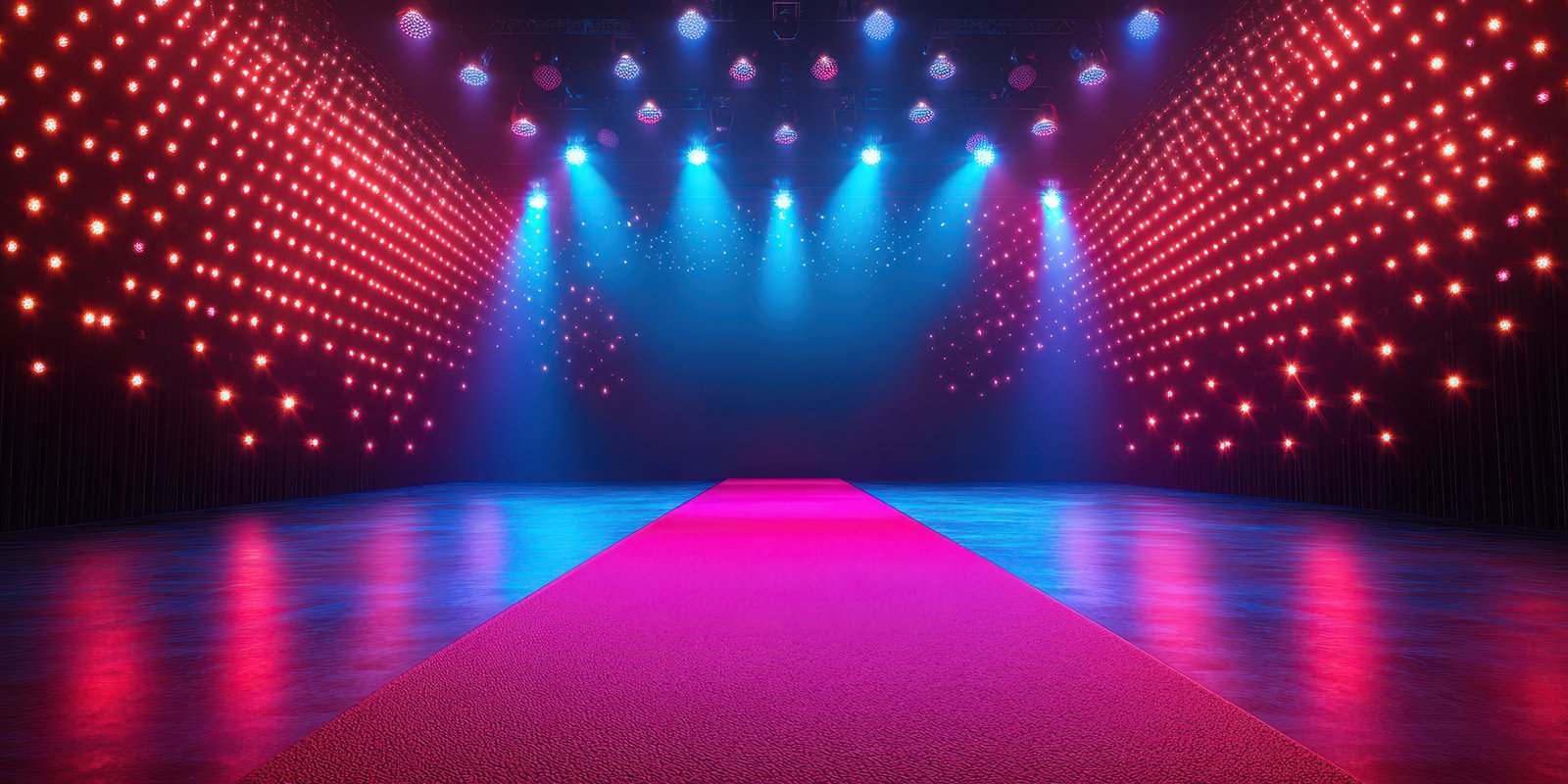 Colorful stage with vibrant lighting and red carpet ready for a performance in a theater setting